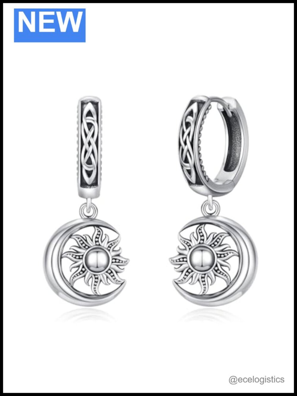 925 Sterling Silver Sun Moon Hoop Earrings, Celtic Knot Dangle, Gothic